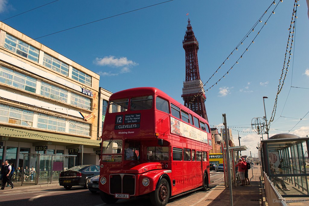 red bus in front of The Blackpool Tower